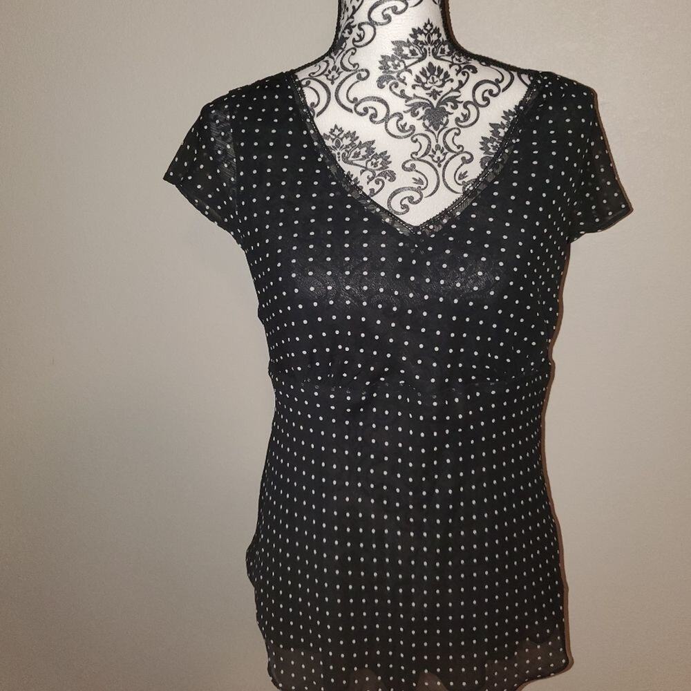 Rafaella size 12 womens sheer Polka dot blouse. 100% polyester.
